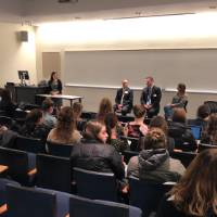 Overview photo of students and speakers at the Cover Letter and Resume Roundtable Event